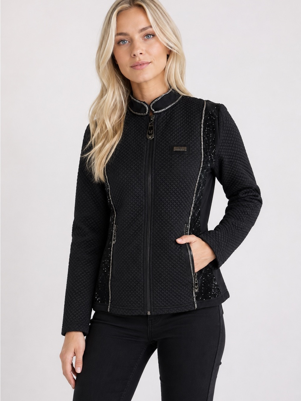 Made in Italy Black Quilted Rhinestone Jacket Women’s Elisabetta Zanardi